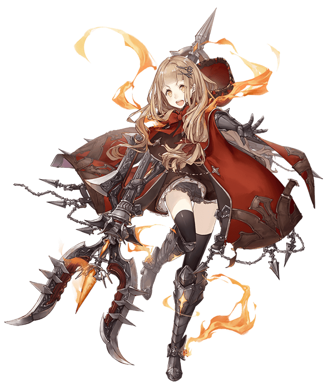 &gt;:d 1girl armored_boots blonde_hair boots chains eyes_visible_through_hair full_body gauntlets hair_ornament hairclip hood hood_down jino little_red_riding_hood_(sinoalice) official_art orange_eyes polearm ribbon sinoalice solo standing standing_on_one_leg thigh-highs transparent_background trident weapon