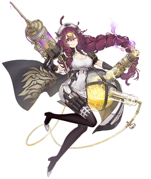 1girl asymmetrical_hair blue_eyes boots braid breasts cleavage_cutout dorothy_(sinoalice) full_body hair_ornament hairclip jino large_breasts long_hair looking_at_viewer messy_hair nurse official_art one_eye_closed purple_hair sinoalice smile solo syringe test_tube transparent_background tube