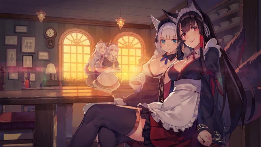 4girls akagi_(azur_lane) animal_ears apron ayanami_(azur_lane) azur_lane black_hair cafe cup fox_ears fox_tail japanese_clothes kaga_(azur_lane) long_hair looking_at_viewer maid short_hair silver_hair sitting skirt sunset table tail teacup thigh-highs yasumo_(kuusouorbital) yuudachi_(azur_lane) zettai_ryouiki