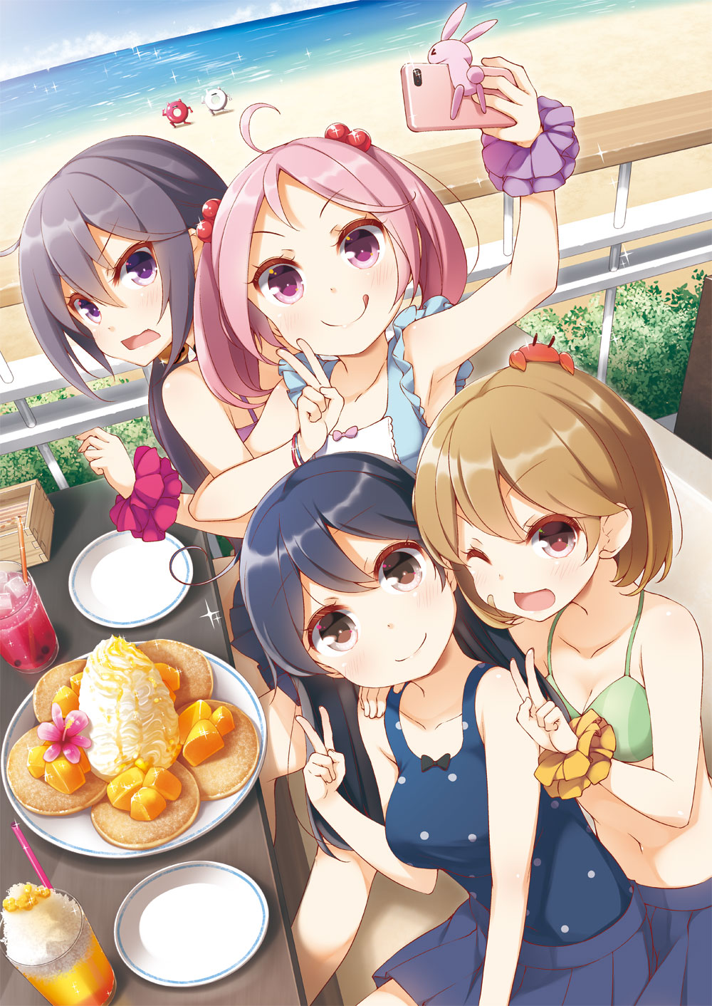 4girls ahoge akebono_(kantai_collection) balcony bandaid bandaid_on_face beach bell black_hair blue_skirt blue_sky brown_eyes brown_hair casual_one-piece_swimsuit cellphone clouds commentary_request crab drink enemy_lifebuoy_(kantai_collection) flower food green_bikini_top hair_bell hair_bobbles hair_flower hair_ornament highres horizon jingle_bell kantai_collection long_hair multiple_girls oboro_(kantai_collection) one-piece_swimsuit pancake phone pink_eyes pink_hair plate pleated_skirt polka_dot polka_dot_swimsuit purple_hair rabbit sazanami_(kantai_collection) scrunchie self_shot short_hair side_ponytail skirt sky swimsuit twintails ushio_(kantai_collection) very_long_hair violet_eyes yume_no_owari