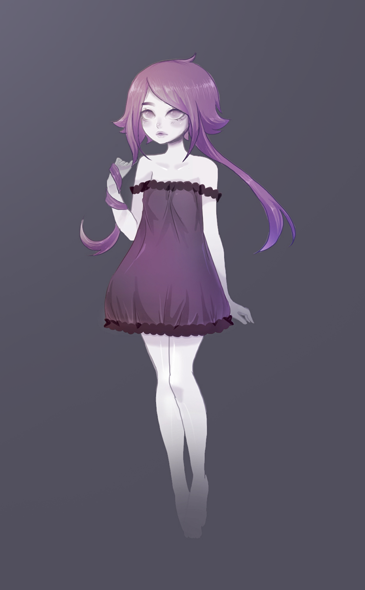 1girl arm_at_side arm_up bare_shoulders closed_mouth commentary dress full_body grey_background highres lavender_hair long_hair looking_at_viewer original purple_dress purple_hair purple_lips shari_cote shiny shiny_hair simple_background sleeveless sleeveless_dress solo standing