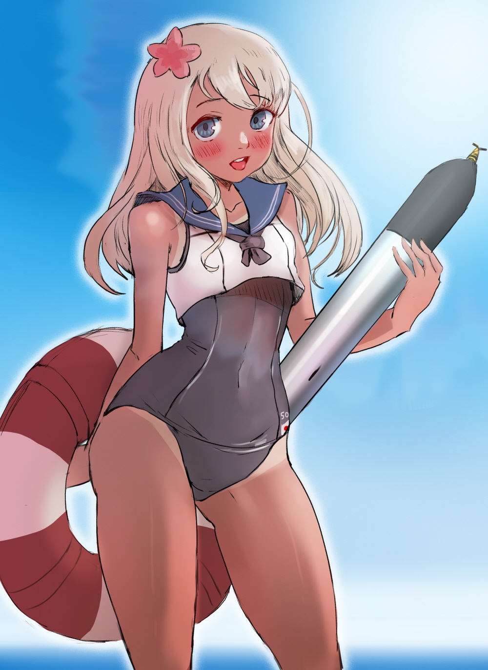 1girl blonde_hair blue_eyes blue_sky blurry contrapposto cowboy_shot crop_top depth_of_field flower hair_flower hair_ornament highres hwangdraw kantai_collection lifebuoy looking_at_viewer one-piece_swimsuit one-piece_tan open_mouth ro-500_(kantai_collection) sailor_collar school_swimsuit sky solo standing swimsuit swimsuit_under_clothes tan tanline torpedo