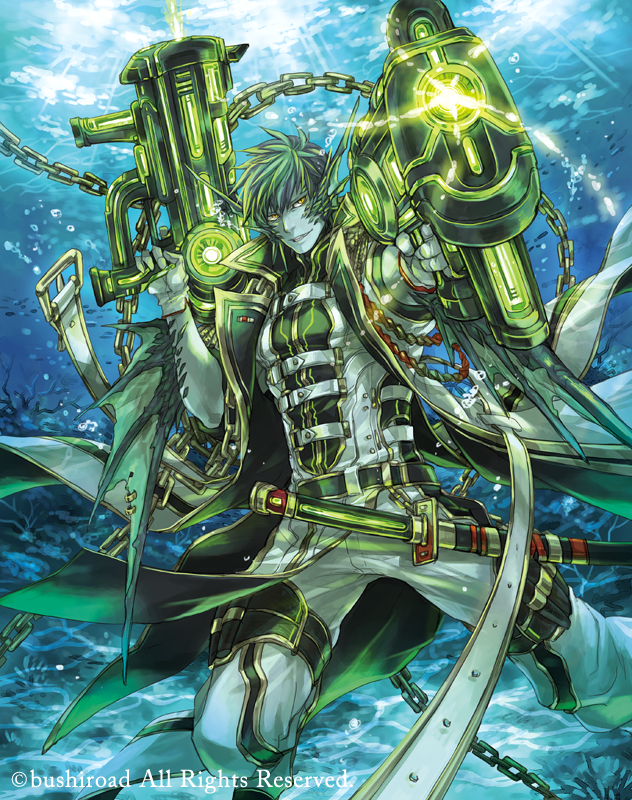 1boy bubble cardfight!!_vanguard chains company_name coral gloves green_hair green_skin gun hagiya_kaoru head_fins magnum_assault male_focus military military_uniform official_art solo sword teeth underwater uniform weapon yellow_eyes