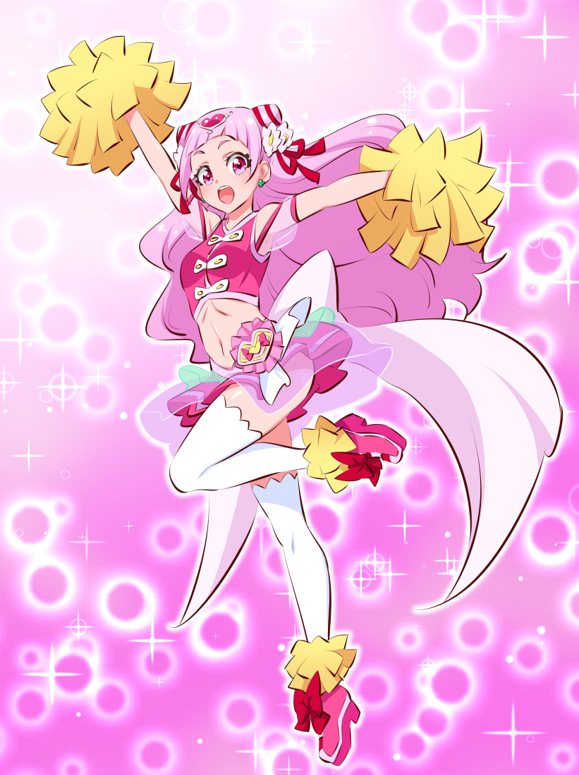 1girl ass bangs bare_shoulders blush bow bubble clover clover_earrings cure_yell double_bun flower forehead_jewel four-leaf_clover full_body gabayo hair_flower hair_ornament hair_ribbon heart hugtto!_precure long_hair looking_at_viewer magical_girl midriff miniskirt navel nono_hana off-shoulder_shirt open_mouth outstretched_arms pink_background pink_eyes pink_footwear pink_hair pink_shirt pink_skirt pom_poms precure red_bow red_ribbon ribbon see-through shirt shoe_bow shoes skirt smile solo sparkle standing standing_on_one_leg thigh-highs very_long_hair white_bow white_legwear