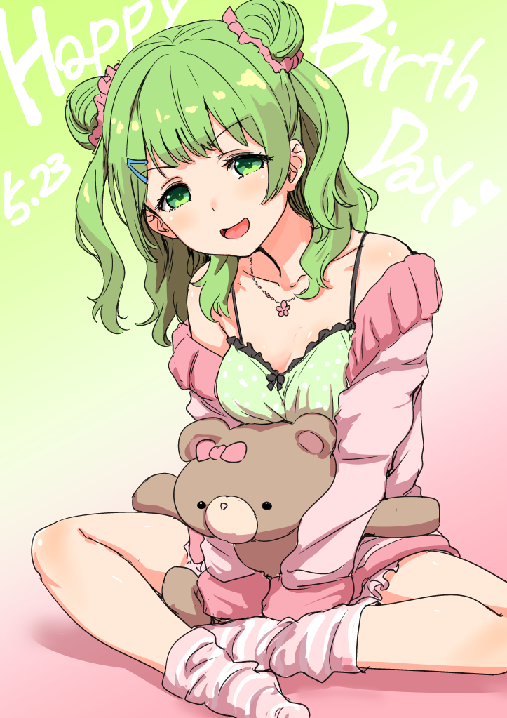 1girl bangs blush breasts camisole cardigan clearite dated double_bun eyebrows_visible_through_hair gradient gradient_background green_eyes green_hair hair_ornament hair_scrunchie hairclip happy_birthday long_sleeves looking_at_viewer medium_breasts morinaka_kazaki nijisanji older on_floor open_mouth scrunchie sitting smile solo striped striped_legwear stuffed_animal stuffed_toy teddy_bear virtual_youtuber