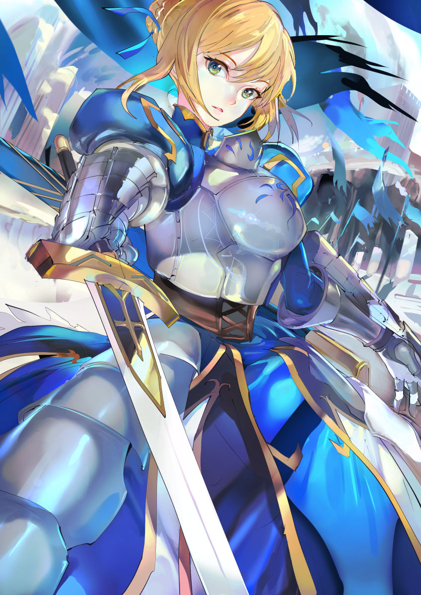 119 1girl armor armored_dress artoria_pendragon_(all) belt blonde_hair blue_dress braid cowboy_shot dress excalibur expressionless fate/stay_night fate_(series) french_braid gloves green_eyes highres holding holding_sword holding_weapon looking_at_viewer saber short_hair solo sword weapon