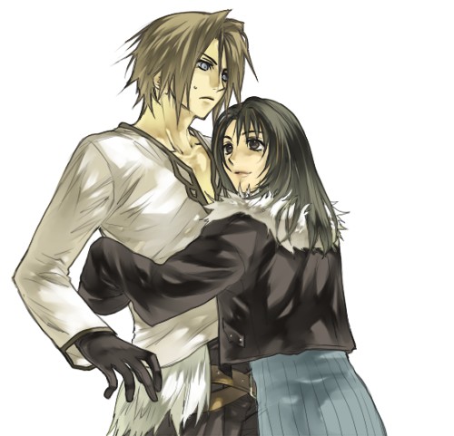 1boy 1girl belt belt_buckle black_eyes black_gloves black_hair black_jacket brown_hair buckle dress final_fantasy final_fantasy_viii gloves hug jacket leather leather_jacket long_hair lowres rinoa_heartilly short_hair squall_leonhart sweatdrop