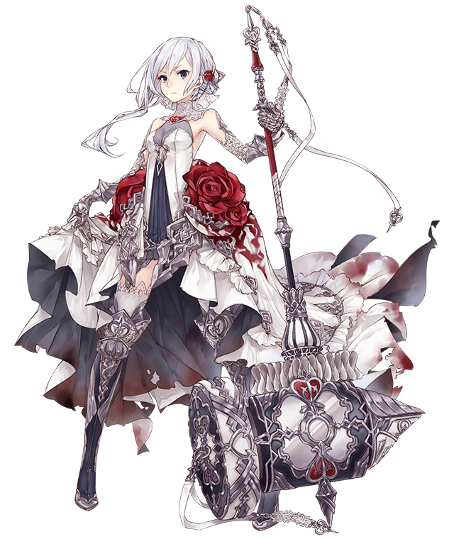 1girl bare_shoulders blood bloody_clothes blue_eyes boots breasts dress dress_lift elbow_gloves flower full_body gloves hair_flower hair_ornament hammer holding holding_hammer holding_weapon jino looking_at_viewer official_art rose serious sinoalice small_breasts snow_white_(sinoalice) solo thigh-highs thigh_boots transparent_background weapon white_hair