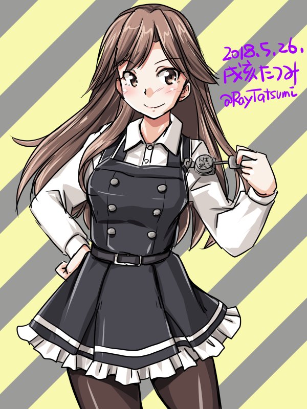 1girl arashio_(kantai_collection) artist_name black_legwear brown_eyes brown_hair cowboy_shot crime_prevention_buzzer dated dress frilled_dress frills hand_on_hip kantai_collection long_hair long_sleeves looking_at_viewer pantyhose pinafore_dress remodel_(kantai_collection) solo standing tatsumi_ray twitter_username