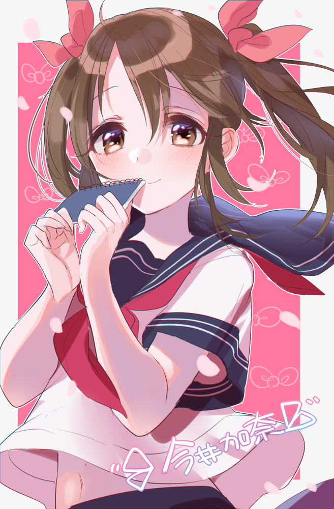 1girl blue_skirt blush bow brown_eyes brown_hair grey_border hair_bow holding_notepad idolmaster idolmaster_cinderella_girls imai_kana looking_at_viewer misumi_(macaroni) navel neckerchief notebook notepad petals pink_background pink_bow pink_petals red_neckwear sailor_collar school_uniform serafuku shirt short_hair short_sleeves skirt smile solo twintails white_shirt