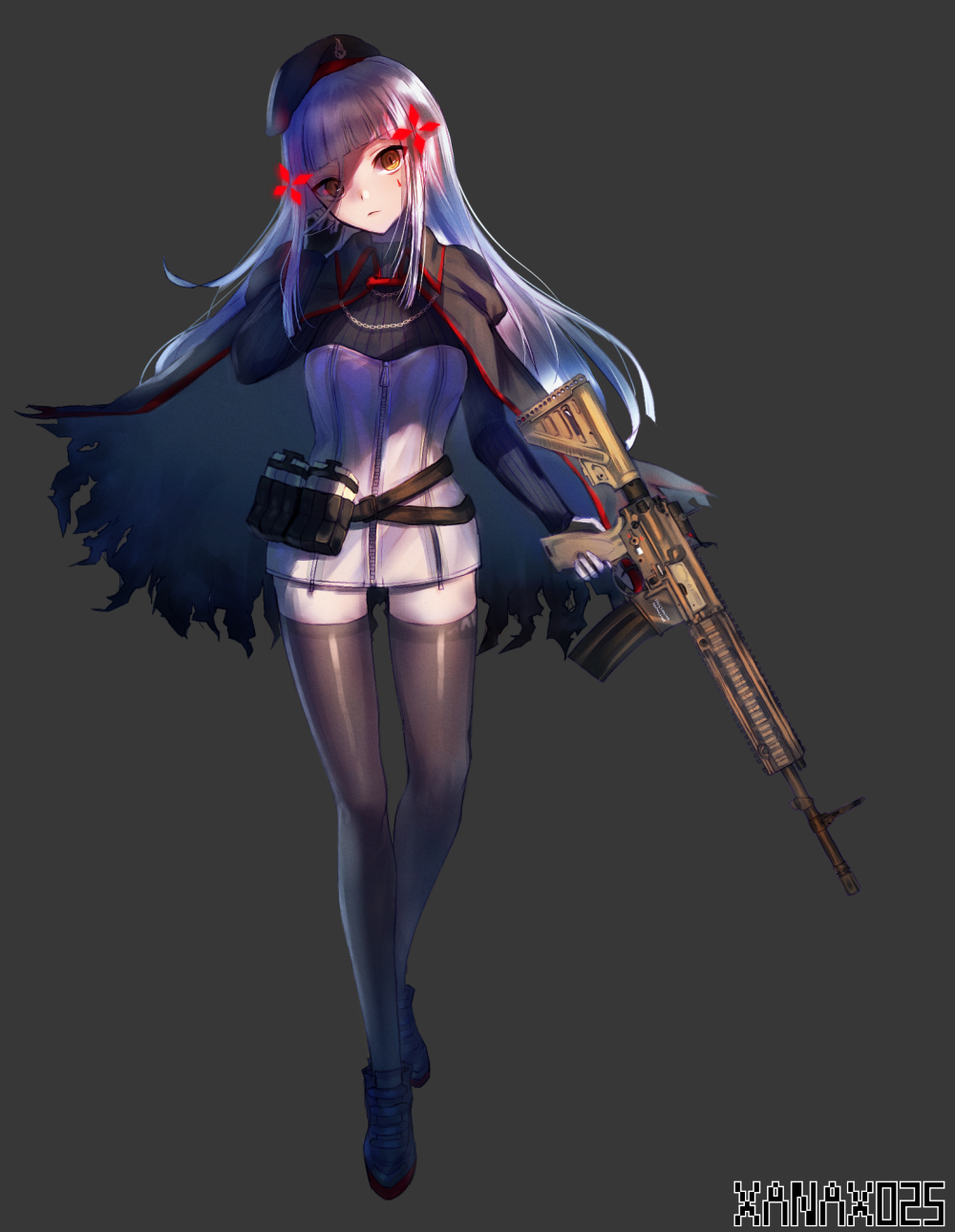 1girl alternate_costume artist_name assault_rifle bangs beret black_legwear blunt_bangs breasts cloak closed_mouth dress facepaint full_body girls_frontline gloves green_eyes gun hair_ornament hand_to_own_face hat head_tilt heckler_&amp;_koch highres hk416 hk416_(girls_frontline) holding holding_gun holding_weapon jacket long_hair looking_at_viewer magazine_(weapon) medium_breasts pouch rifle saku_t silver_hair solo teardrop thigh-highs torn_cloak weapon