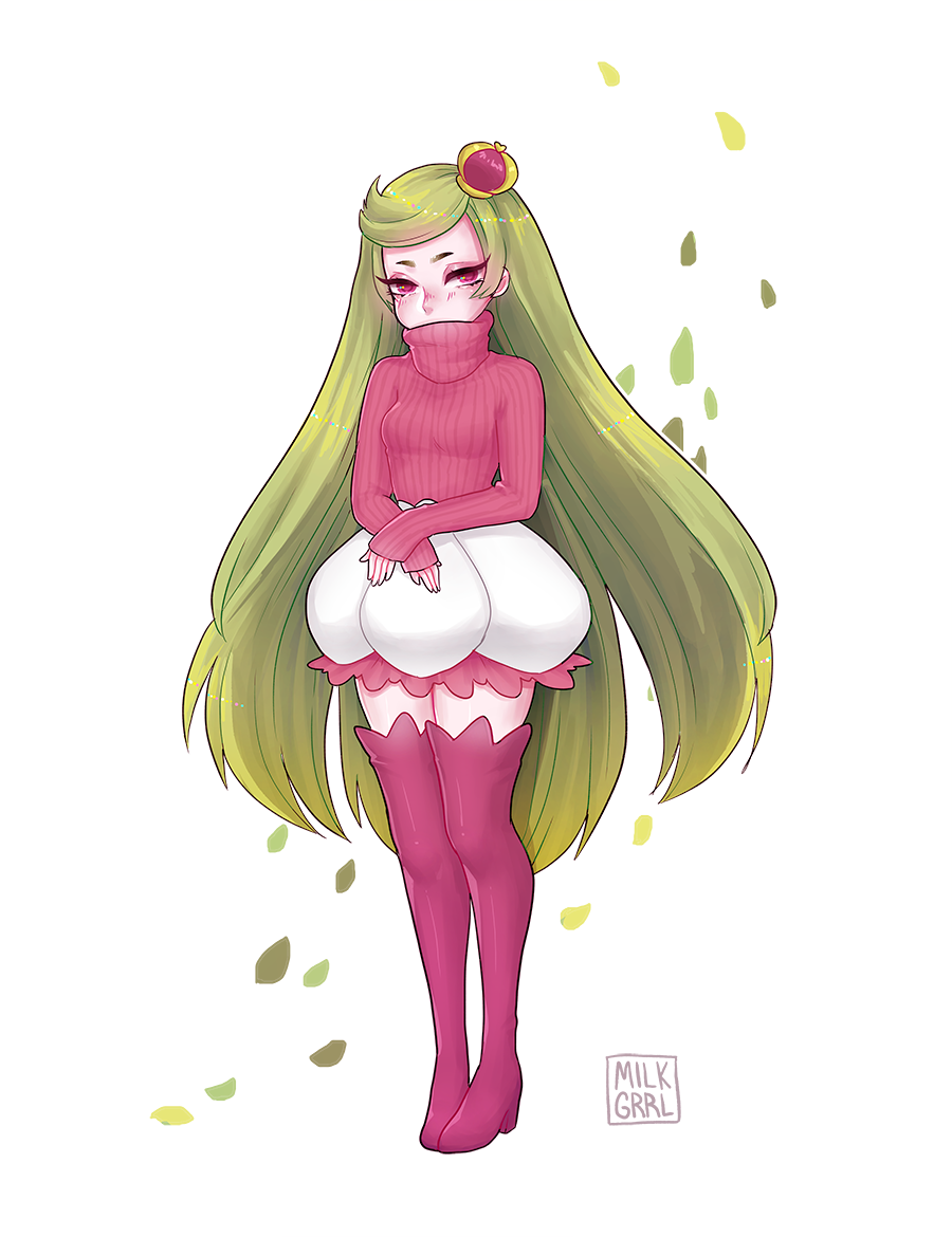 1girl artist_logo artist_name bangs blush boots breasts bubble_skirt color_guide covered_mouth crossed_arms crown eyelashes eyeliner full_body green_hair leaf legs_together long_hair long_sleeves looking_at_viewer makeup mini_crown nose_blush parted_bangs personification pink_eyes pink_skirt pokemon pokemon_(creature) ribbed_sweater shari_cote skirt small_breasts solo standing sweater thigh-highs thigh_boots tsareena turtleneck turtleneck_sweater very_long_hair white_background white_skirt zettai_ryouiki