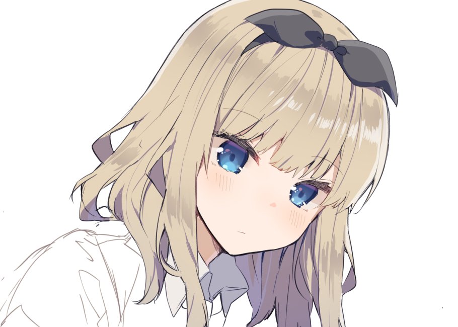 1girl black_bow blonde_hair blue_eyes blush bow closed_mouth collared_shirt commentary_request copyright_request eyebrows_visible_through_hair hairband ikeuchi_tanuma looking_at_viewer portrait shirt simple_background solo white_background wing_collar