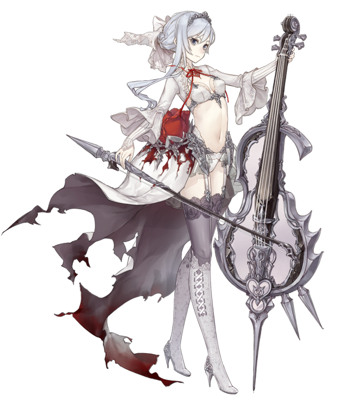 1girl blood bloody_clothes blue_eyes bow_(instrument) breasts cello flower full_body high_heels instrument jino midriff navel official_art revealing_clothes ribbon rose side_ponytail sinoalice small_breasts snow_white_(sinoalice) solo thigh-highs tiara transparent_background white_hair