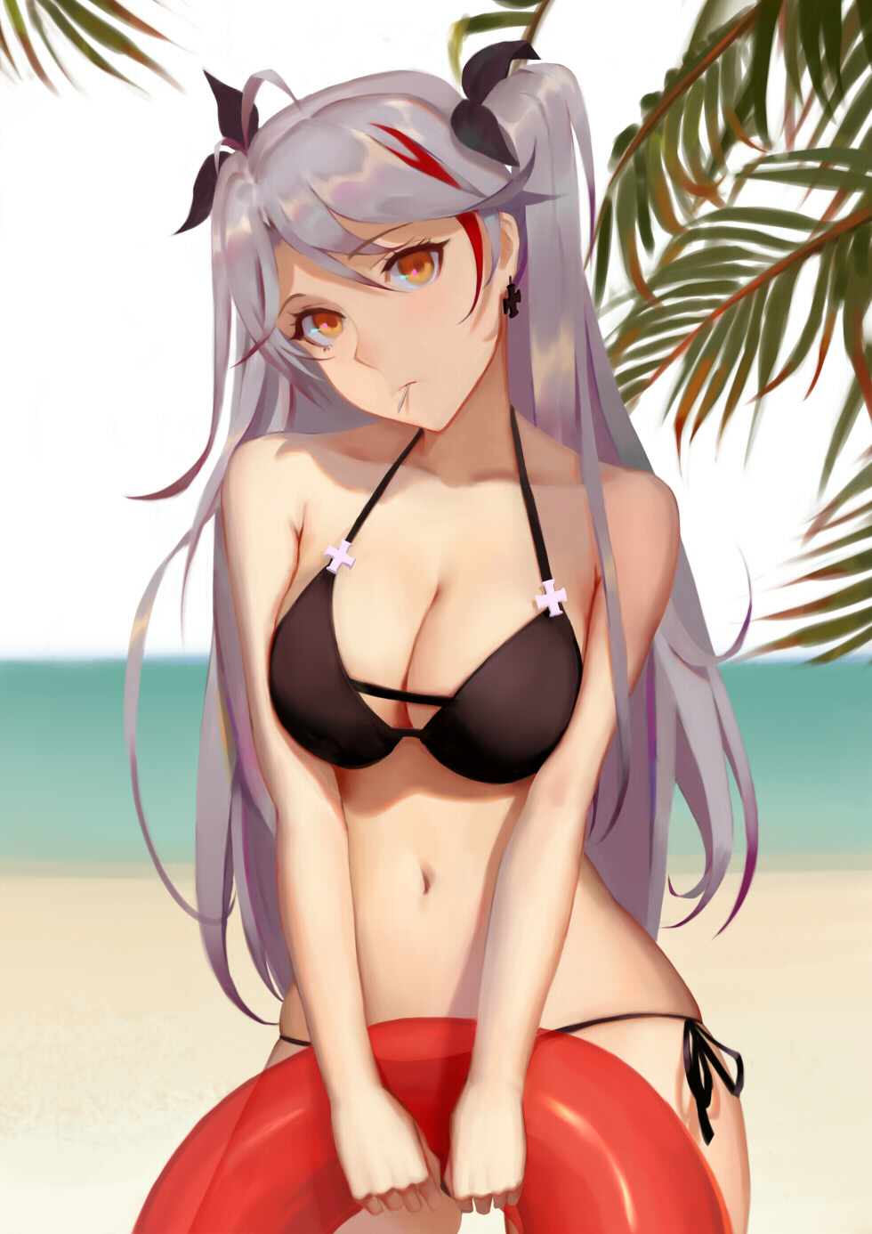 1girl azur_lane bare_arms bare_shoulders beach bikini black_bikini black_bow blurry blurry_background bow breasts commentary contrapposto cowboy_shot day depth_of_field earrings grey_hair hair_bow head_tilt highres innertube iron_cross jewelry kamikakushi_no_ocarino large_breasts long_hair looking_at_viewer multicolored_hair navel orange_eyes outdoors palm_tree prinz_eugen_(azur_lane) side-tie_bikini skin_tight solo standing streaked_hair swimsuit tree twintails v_arms