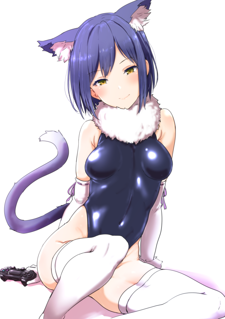 1girl animal_ears blue_hair blush breasts cat_ears cat_tail clearite closed_mouth controller covered_navel dualshock elbow_gloves game_controller gamepad gloves head_tilt leotard looking_at_viewer medium_breasts nijisanji ribbon-trimmed_gloves ribbon_trim shiny shiny_clothes shizuka_rin short_hair simple_background sitting smile solo tail thigh-highs virtual_youtuber white_gloves white_legwear yellow_eyes