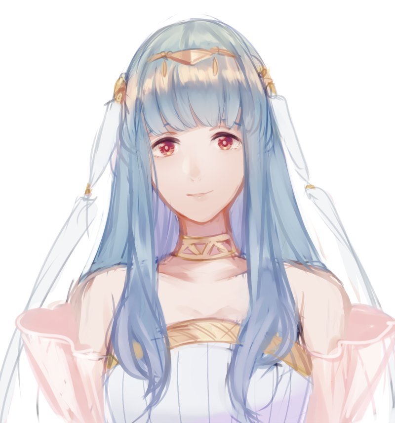 1girl bare_shoulders blue_hair bridal_veil bride dress fire_emblem fire_emblem:_rekka_no_ken fire_emblem_heroes hair_ornament jewelry llicornia long_hair looking_at_viewer mamkute necklace ninian red_eyes smile solo veil wedding_dress