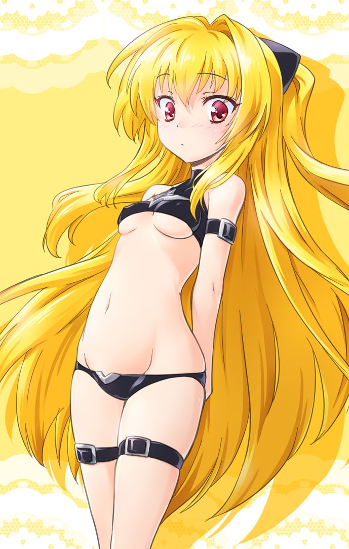 1girl arm_belt arms_behind_back bangs bikini black_bikini breasts closed_mouth commentary_request cowboy_shot eyebrows_visible_through_hair fate_testarossa halterneck head_tilt kuzuryuu_kennosuke leg_belt long_hair looking_at_viewer lyrical_nanoha navel shadow small_breasts solo standing swimsuit under_boob very_long_hair yellow_background