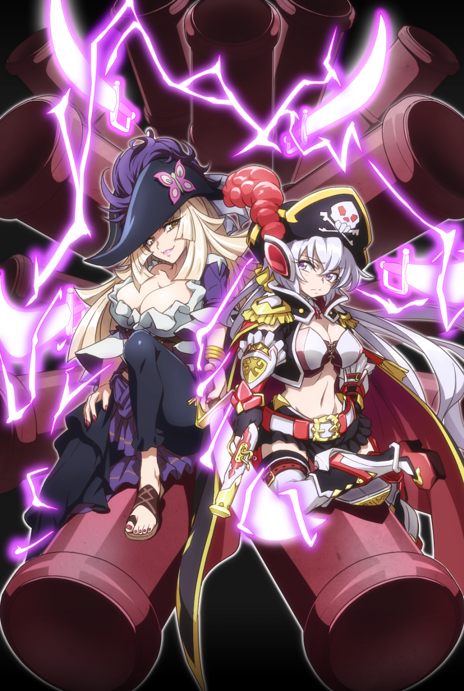 3girls back-to-back blonde_hair boots bracelet breasts cannon cleavage epaulettes fine_(symphogear) frills gloves gun hat highres jewelry large_breasts lightning long_hair low_twintails midriff multiple_girls nail_polish navel pants pirate_costume pirate_hat sandals senki_zesshou_symphogear senki_zesshou_symphogear_xd_unlimited short_sleeves silver_hair sitting skirt skull_and_crossbones smile sword thigh-highs twintails uganda violet_eyes weapon white_legwear wide_sleeves yellow_eyes yukine_chris