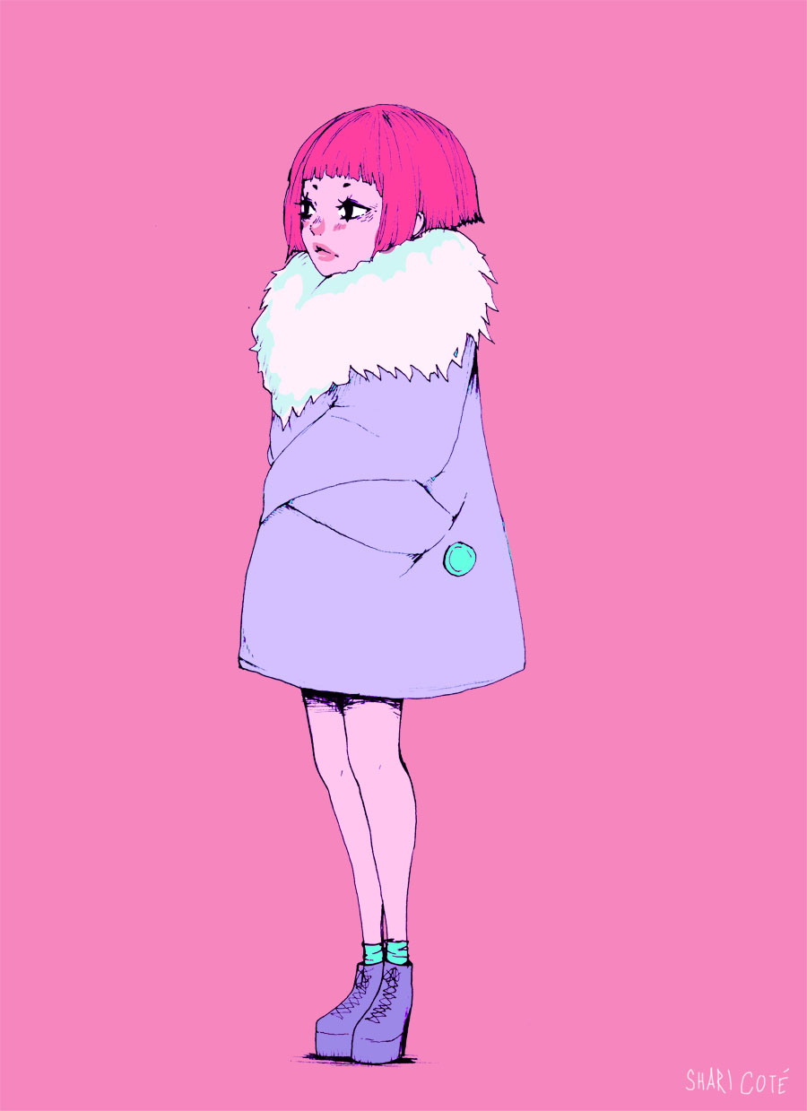 1girl artist_name bangs black_eyes blue_coat blue_footwear blue_legwear blunt_bangs blush flat_color full_body fur_collar hands_in_pockets highres nose_blush original pink_background pink_hair pink_lips platform_footwear shari_cote shoes short_hair socks solo standing