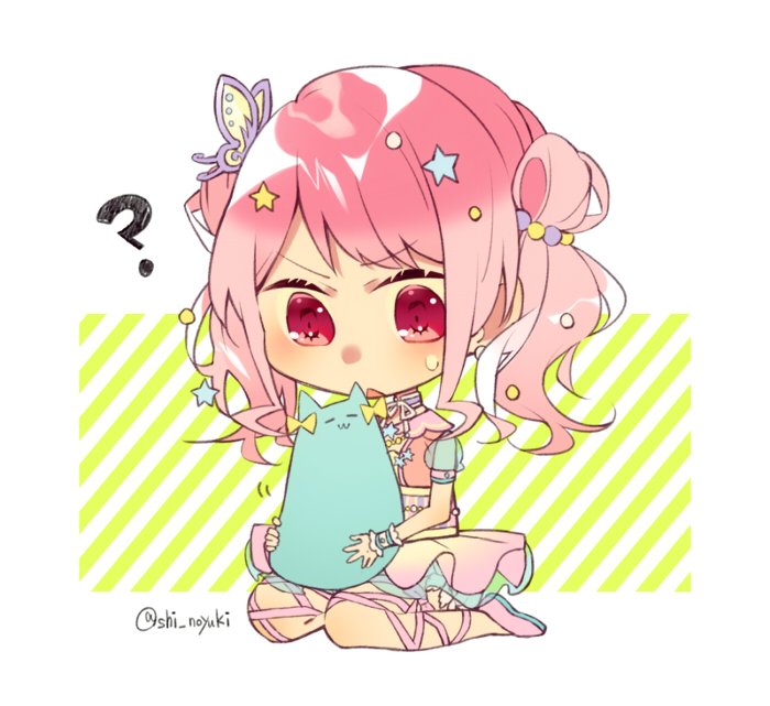 1girl :3 =_= ? animal animalization bang_dream! bangs bow butterfly_hair_ornament cat chibi commentary_request cross-laced_footwear diagonal-striped_background diagonal_stripes dress hair_bow hair_ornament hikawa_hina holding holding_animal maruyama_aya open_mouth pink_dress pink_eyes pink_footwear pink_hair shi_noyuki short_sleeves sidelocks sitting solo star star_hair_ornament striped striped_background sweatdrop twintails twitter_username v-shaped_eyebrows wrist_cuffs yellow_bow