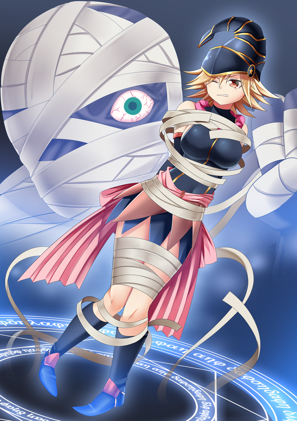 1girl arms_behind_back bare_shoulders blonde_hair bloodshot_eyes breasts brown_eyes clenched_teeth commentary_request detached_sleeves duel_monster full_body gagaga_girl hat highres magic_circle mummy one_eye_closed pigeon-toed restrained teeth v-shaped_eyebrows wince wizard_hat yasume_yukito yu-gi-oh! yuu-gi-ou_zexal