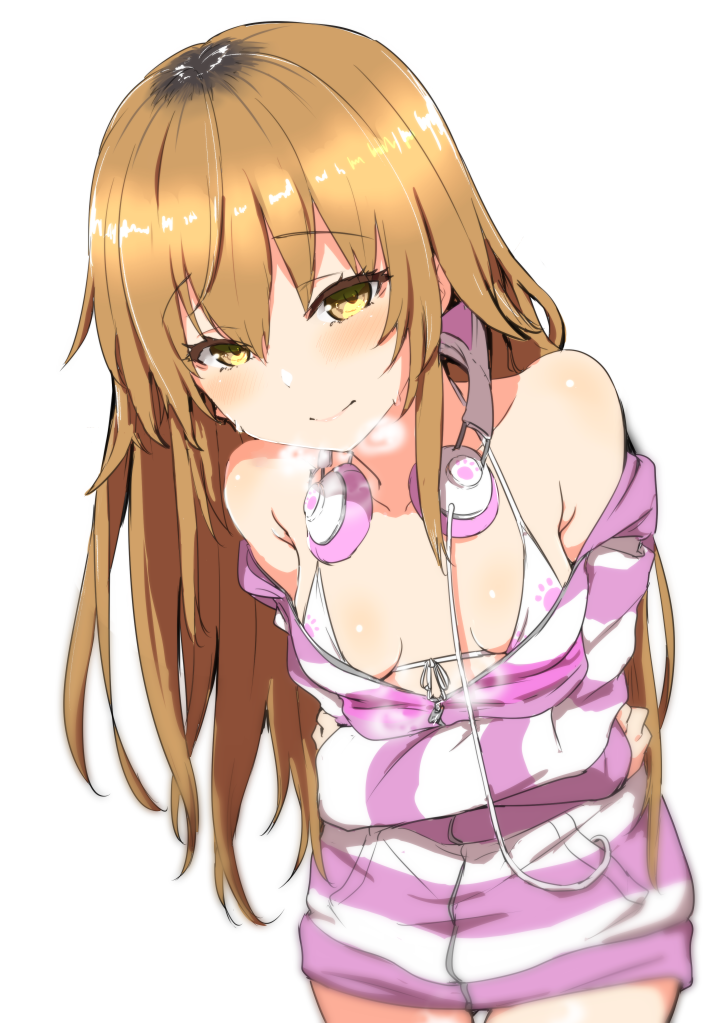 1girl bangs bare_shoulders bikini bikini_under_clothes blonde_hair blush breasts cat_ear_headphones clearite closed_mouth collarbone eyebrows_visible_through_hair hair_between_eyes headphones headphones_around_neck ienaga_mugi long_hair looking_at_viewer micro_bikini nijisanji off_shoulder pajamas small_breasts solo striped swimsuit virtual_youtuber white_bikini yellow_eyes