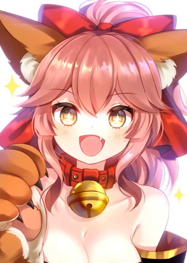 +_+ 1girl animal_ears bare_shoulders bell bell_collar cat_paws collar collarbone fangs fate/grand_order fate_(series) fox_ears gloves hair_ribbon jingle_bell looking_at_viewer mnyang open_mouth paw_gloves paws pink_hair red_ribbon ribbon simple_background solo sparkle sparkling_eyes symbol-shaped_pupils tamamo_(fate)_(all) tamamo_cat_(fate) white_background