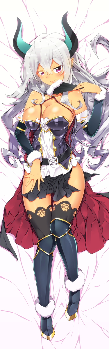 1girl armored_boots bangs bare_shoulders bed_sheet beelzebub_(slime_taoshite_300_nen) black_belt black_cape black_legwear blush boots breasts cape cleavage closed_mouth collarbone commentary_request dakimakura dark_skin demon_girl demon_horns detached_sleeves dress eyebrows_visible_through_hair fan from_above full_body fur-trimmed_sleeves fur_trim hair_between_eyes half-closed_eyes highres holding holding_fan horns knee_boots large_breasts long_hair looking_at_viewer lying on_back pointy_ears red_cape shiny shiny_hair shiny_skin silver_hair slime_taoshite_300_nen_shiranai_uchi_ni_level_max_ni_nattemashita smile solo strapless strapless_dress thigh-highs tsurime yuto_(dialique)