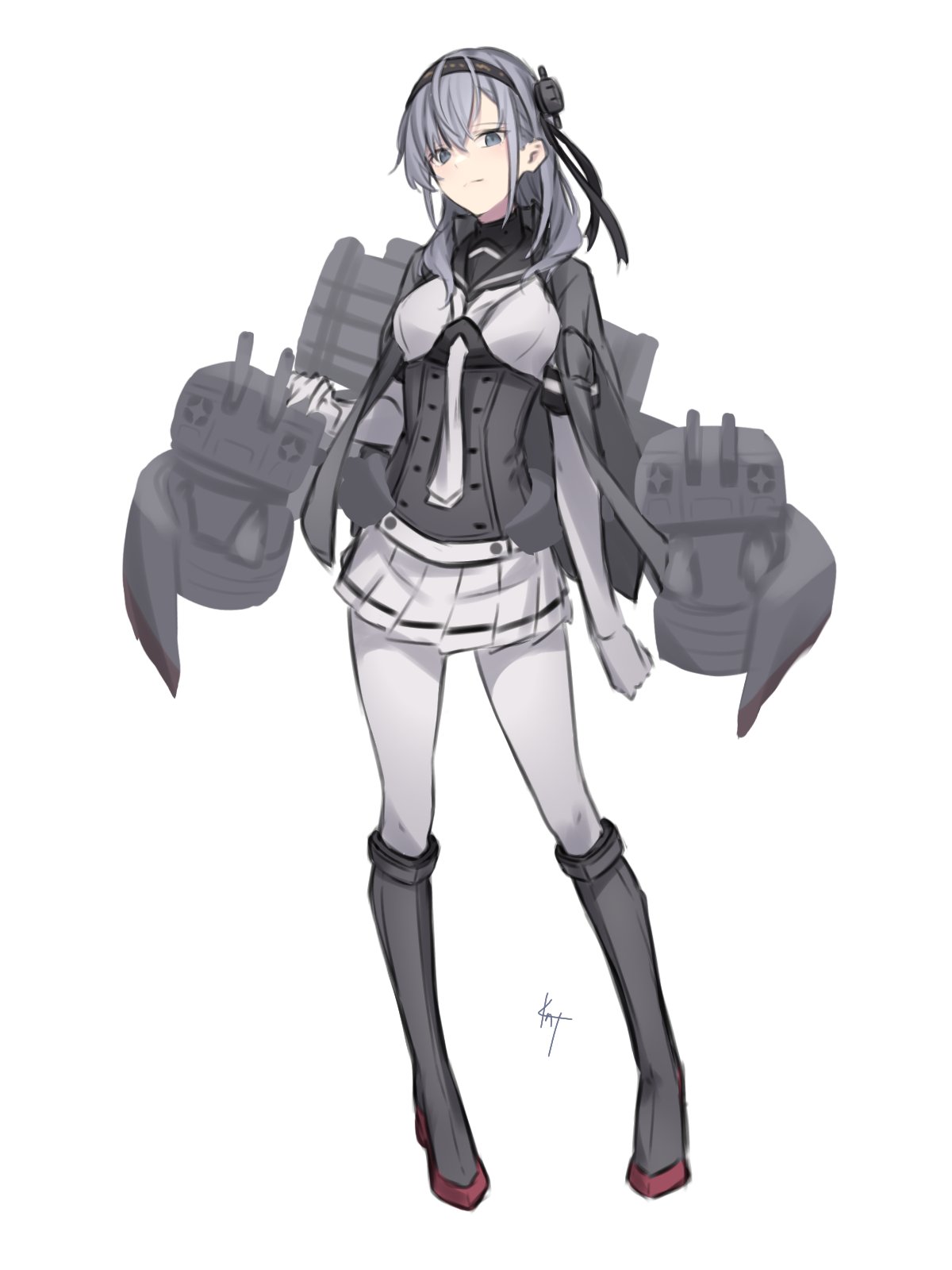 1girl anchor_symbol black_headband black_sailor_collar bodysuit chou-10cm-hou-chan_(suzutsuki's) clothes_writing contrapposto dress full_body grey_jacket hachimaki headband highres jacket jacket_on_shoulders kantai_collection knt02142769 long_hair looking_at_viewer machinery neckerchief one_side_up pleated_dress sailor_collar silver_hair simple_background skirt solo suzutsuki_(kancolle) symbol-only_commentary white_background white_bodysuit white_headband white_neckerchief white_skirt