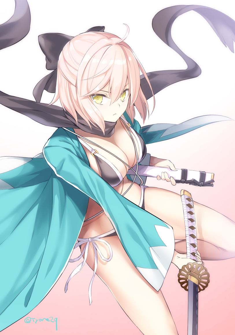 1girl bangs bikini black_bikini black_bow black_scarf blonde_hair bow breasts brown_background cleavage closed_mouth fate/grand_order fate_(series) gradient gradient_background hair_between_eyes hair_bow haori holding holding_sheath holding_sword holding_weapon japanese_clothes katana koha-ace long_sleeves looking_at_viewer medium_breasts okita_souji_(fate) scarf sheath side-tie_bikini solo swimsuit sword twitter_username tyone unsheathed weapon white_background wide_sleeves yellow_eyes