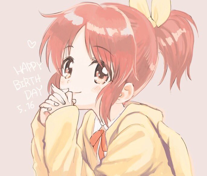 1girl abe_nana amezawa_koma blush bow bowtie brown_eyes commentary_request dated eyebrows_visible_through_hair hair_bow happy_birthday heart hood hood_down hoodie idolmaster idolmaster_cinderella_girls interlocked_fingers long_sleeves orange_hair own_hands_together ponytail simple_background sleeves_past_wrists smile solo upper_body