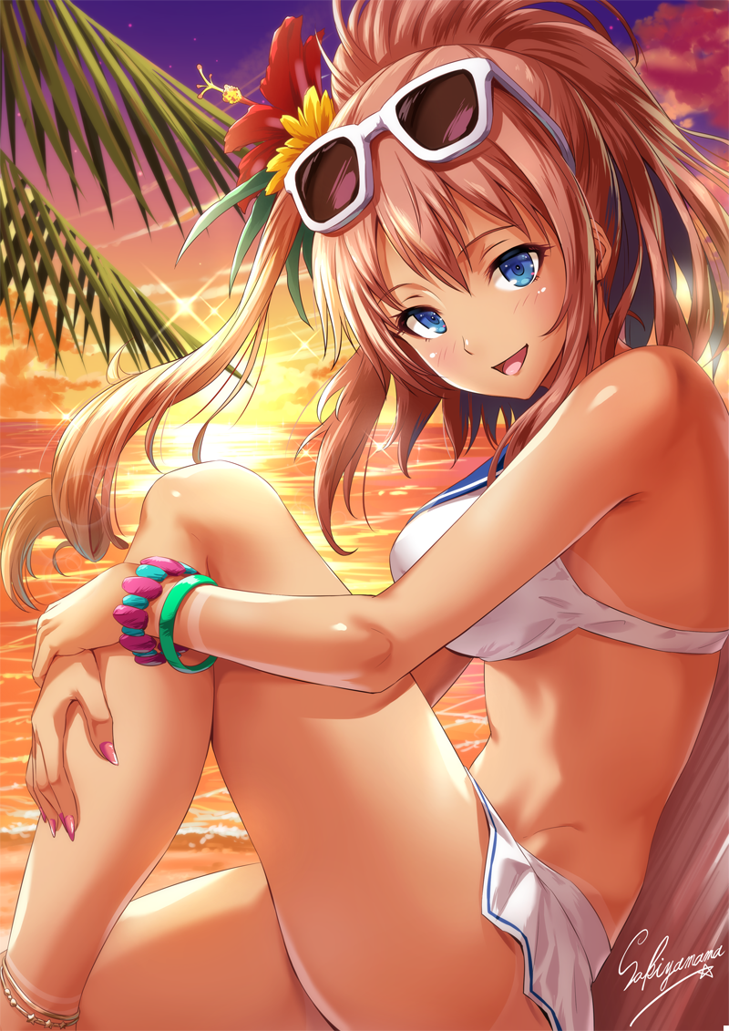 1girl anklet artist_name beach_chair bikini bikini_skirt blue_eyes blush bracelet breasts eyewear_on_head fingernails flower hair_between_eyes hair_flower hair_ornament hands_on_own_leg jewelry kantai_collection large_breasts lens_flare long_fingernails long_hair looking_at_viewer nail_polish ocean one_leg_raised open_mouth palm_tree pink_nails ponytail sailor_bikini sailor_collar sakiyamama saratoga_(kantai_collection) shiny shiny_skin side_ponytail sitting sky smile solo sparkle sun sunglasses sunset swimsuit tan tanline tree white_bikini