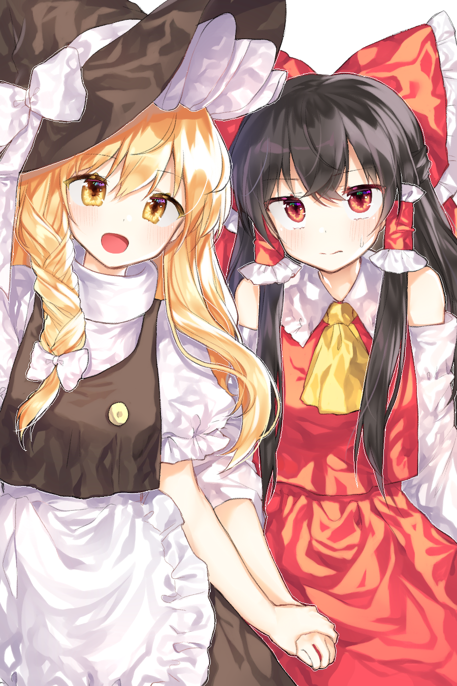 2girls :d apron ascot bare_shoulders black_hair blonde_hair blush bow cheunes commentary detached_sleeves embarrassed hair_bow hair_tubes hakurei_reimu hand_holding hat hat_bow highres kirisame_marisa large_bow long_hair looking_at_viewer multiple_girls open_mouth puffy_short_sleeves puffy_sleeves red_eyes short_sleeves smile sweatdrop tareme touhou turtleneck very_long_hair waist_apron witch_hat yuri