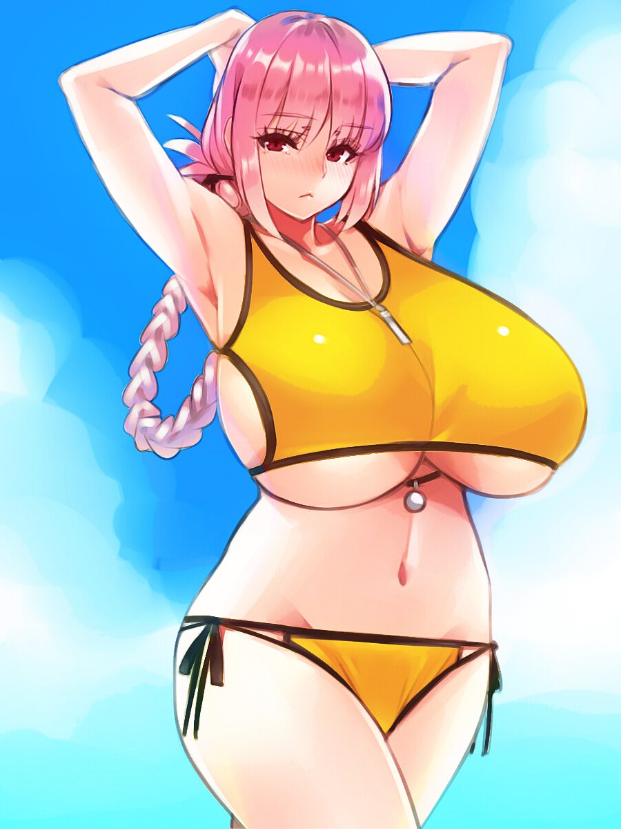1girl armpits arms_behind_head arms_up bangs bare_shoulders bikini blue_sky braid breasts closed_mouth collarbone eyebrows_visible_through_hair fate/grand_order fate_(series) florence_nightingale_(fate/grand_order) folded_ponytail hayama_kazusa highres hips huge_breasts long_hair looking_at_viewer navel pink_hair red_eyes side-tie_bikini sky solo swimsuit under_boob waist whistle yellow_bikini