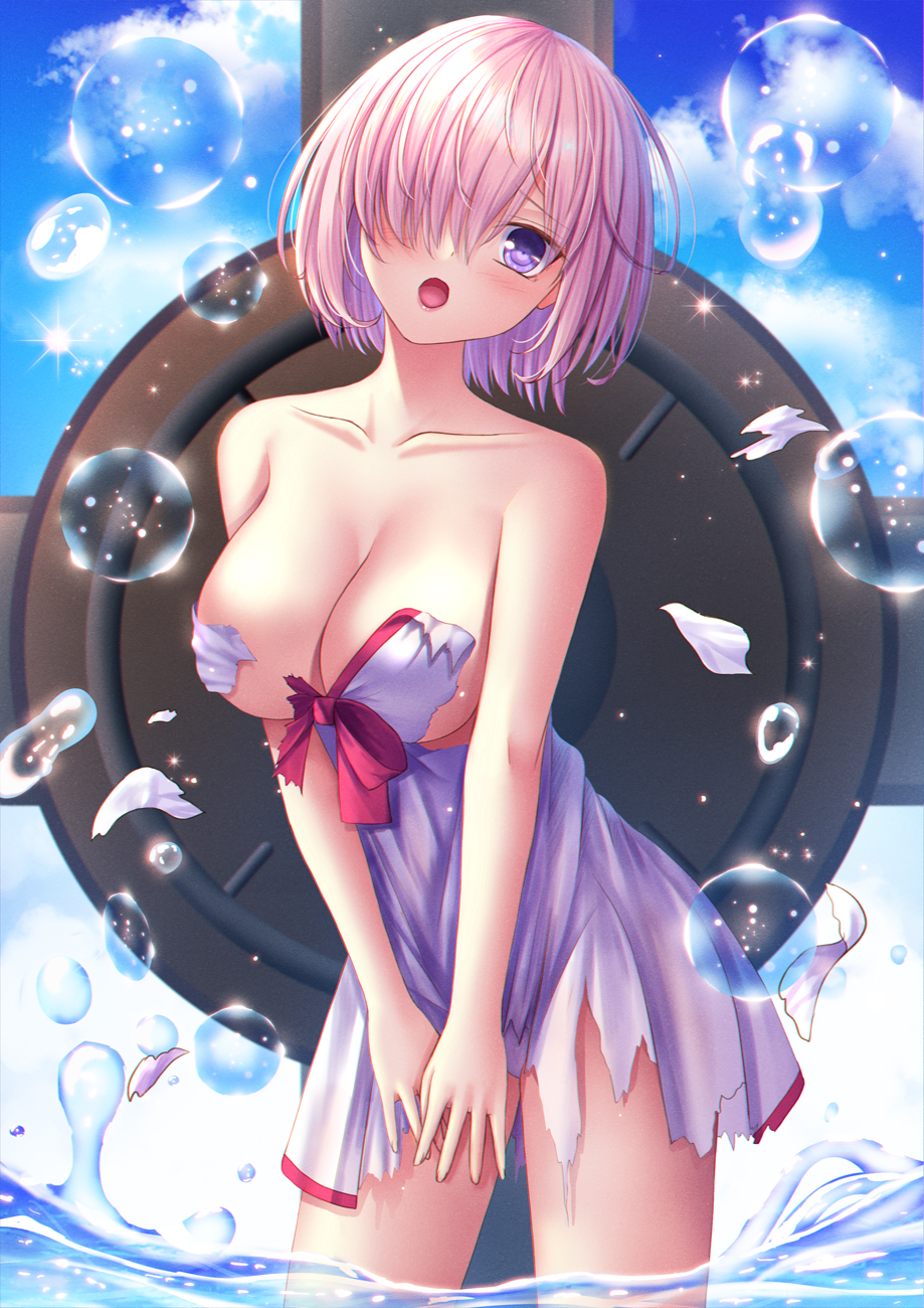 1girl :o bangs bare_shoulders blue_sky blush bow breasts bubble cleavage clouds collarbone commentary_request day dress dress_swimsuit eyebrows_visible_through_hair fate/grand_order fate_(series) hair_over_one_eye head_tilt highres large_breasts mash_kyrielight open_mouth outdoors pink_hair red_bow sky solo swimsuit_of_perpetual_summer torn_bow torn_clothes torn_dress toshi_(1-147) violet_eyes wading water