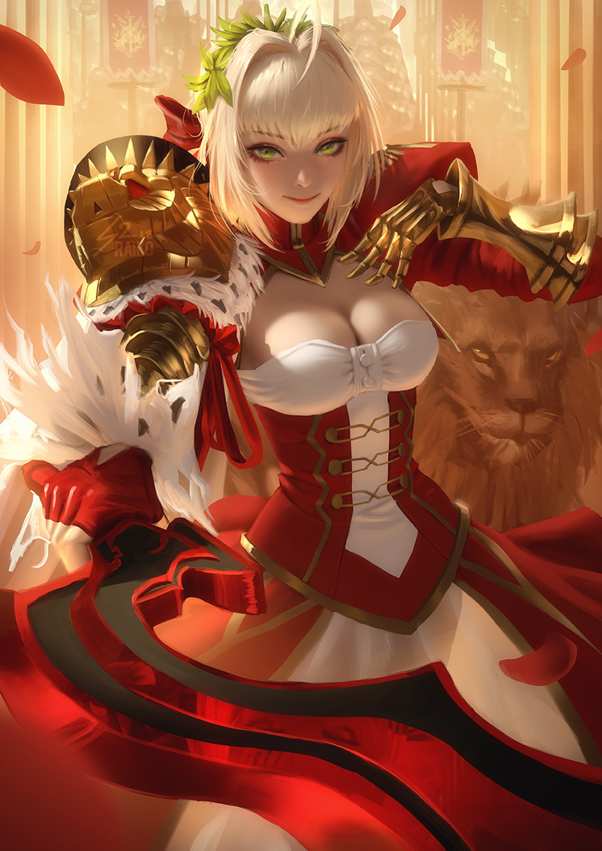 1girl ahoge animal armor blonde_hair blush breasts cleavage commentary dress fate/extra fate/extra_ccc fate_(series) fingerless_gloves gauntlets gloves green_eyes hair_ornament highres lion looking_at_viewer nero_claudius_(fate) nero_claudius_(fate)_(all) petals pointing raikoart red_dress red_gloves smile sword weapon