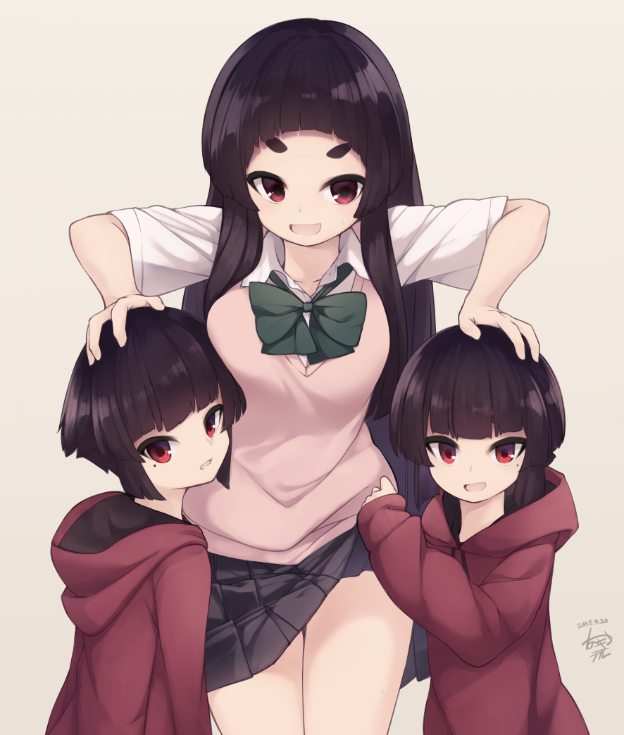 3girls :d bangs black_hair black_skirt blush bow bowtie brown_background character_request collared_shirt dated drawstring dress_shirt green_neckwear hand_on_another's_head hood hood_down hoodie long_hair long_sleeves mole mole_under_eye multiple_girls natsuki_teru open_mouth original pleated_skirt red_eyes red_hoodie shirt short_sleeves signature simple_background skirt skirt_lift sleeves_past_wrists smile sweat sweatdrop sweater_vest thick_eyebrows v-shaped_eyebrows very_long_hair white_shirt