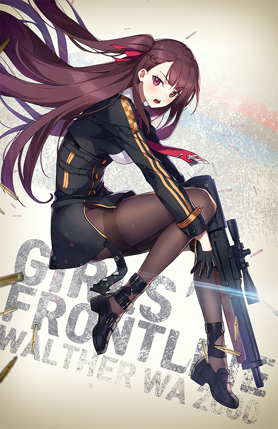 1girl armband bangs bipod black_footwear black_gloves black_legwear black_skirt blazer blunt_bangs blush boots braid breasts brown_hair buckle bullet bullpup buttons character_name closed_mouth collared_shirt double-breasted eyebrows_visible_through_hair floating_hair framed_breasts french_braid full_body girls_frontline gloves gun hair_between_eyes hair_ribbon half_updo hand_on_hip high-waist_skirt high_heel_boots high_heels holding jacket large_breasts long_hair long_sleeves looking_at_viewer multiple_straps nagu necktie one_side_up pantyhose purple_hair purple_shirt red_eyes red_neckwear ribbon rifle shirt shoe_strap shoes sidelocks skirt sniper_rifle solo strap thigh_strap thighband_pantyhose thighs trigger_discipline tsurime very_long_hair wa2000_(girls_frontline) walther walther_wa_2000 weapon white_shirt