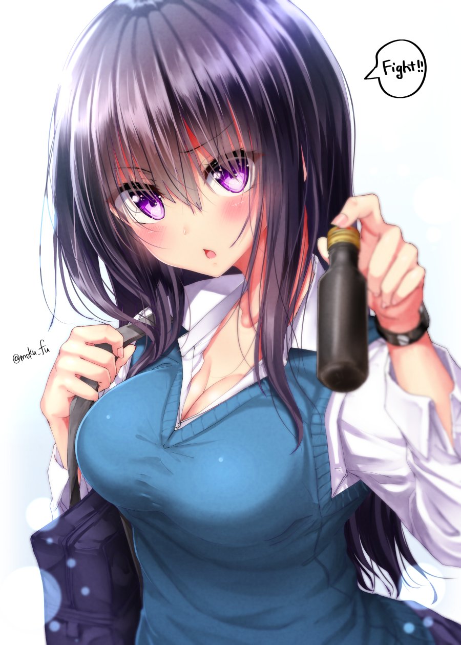 1girl bag black_hair blue_bag blue_skirt blue_vest blush bottle breasts cleavage collared_shirt english highres holding holding_bottle long_hair long_sleeves looking_at_viewer mokufuu open_mouth original pleated_skirt shirt skirt sleeves_folded_up solo speech_bubble sweater_vest twitter_username vest violet_eyes watch watch white_background white_shirt