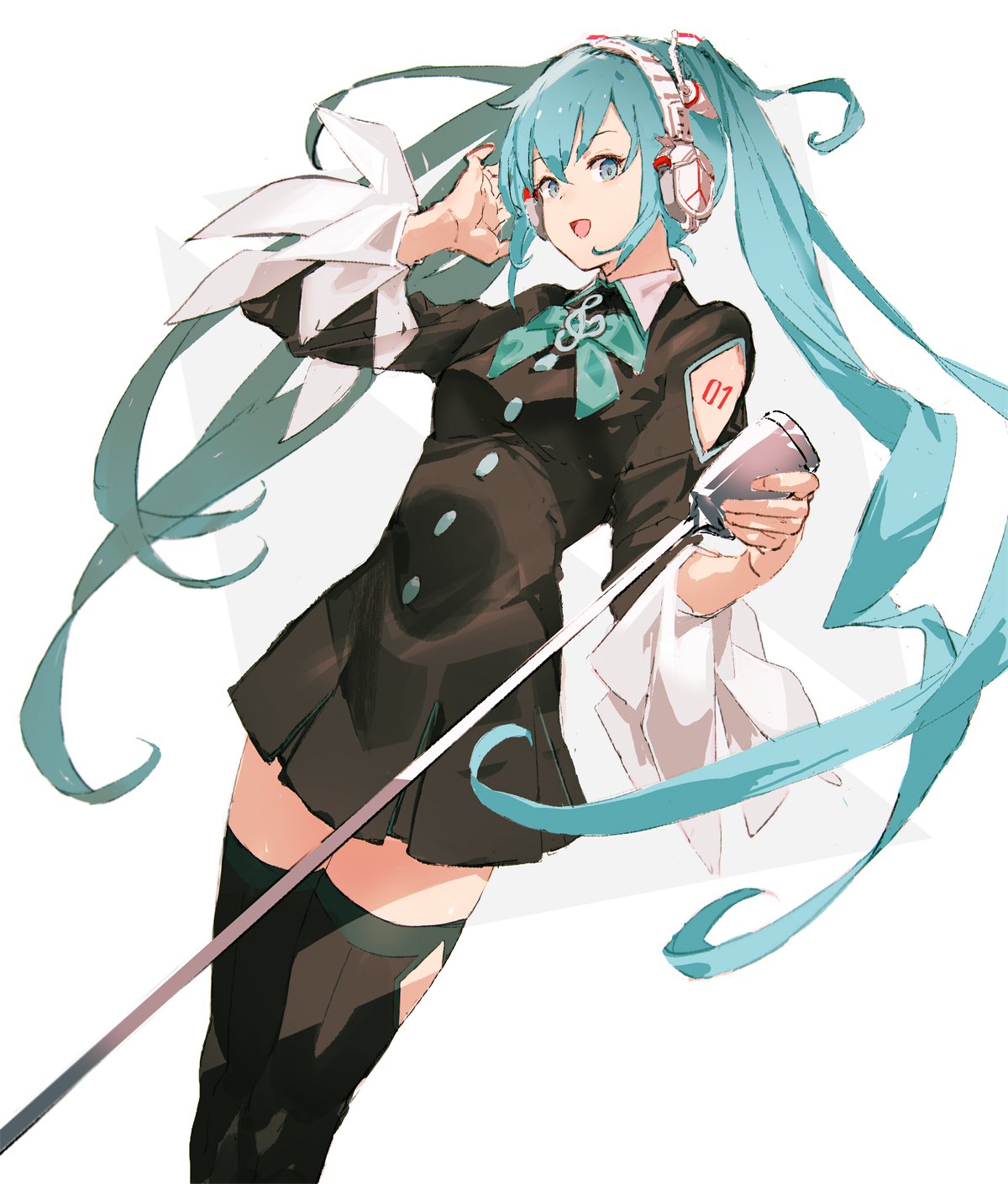 1girl :d alternate_costume aqua_eyes aqua_hair black_dress black_legwear black_skirt dress floating_hair green_hair green_neckwear hand_up hatsune_miku headphones headset highres holding holding_microphone holding_microphone_stand long_hair looking_at_viewer microphone music open_mouth singer singing skirt sleeves_folded_up smile so-bin solo tattoo thigh-highs twintails very_long_hair vocaloid