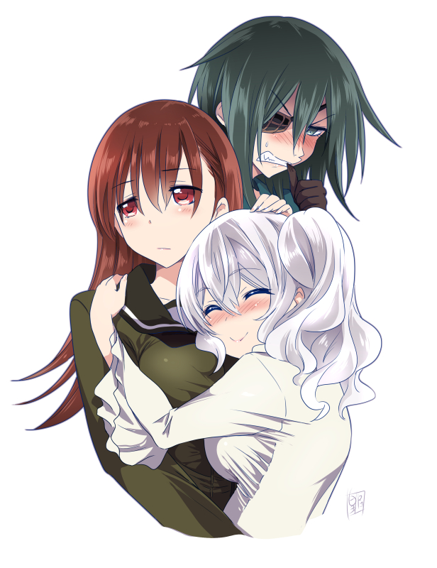 3girls biting blush breasts brown_hair closed_eyes eyebrows_visible_through_hair eyepatch finger_biting green_eyes green_hair green_serafuku hug jealous kantai_collection kashima_(kantai_collection) kiso_(kantai_collection) large_breasts multiple_girls ooi_(kantai_collection) school_uniform serafuku short_hair silver_hair simple_background sumeragi_hamao upper_body wavy_hair white_background