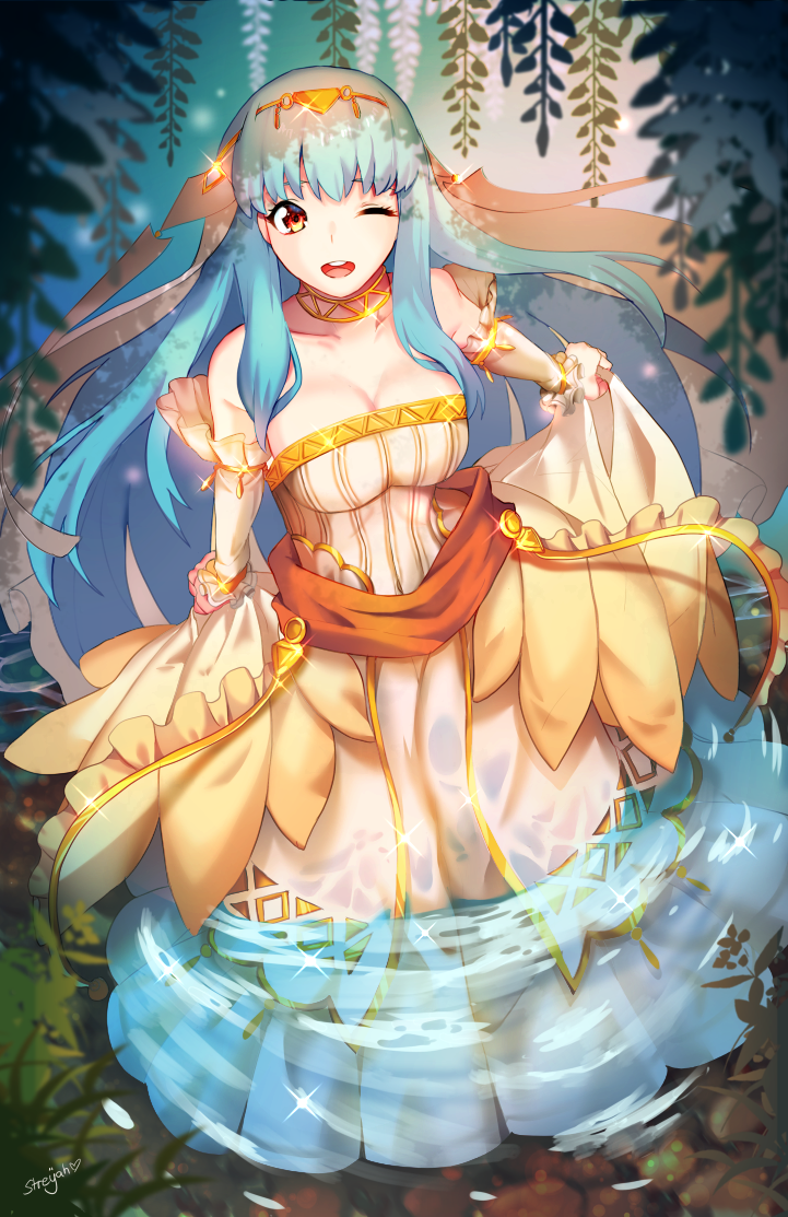 1girl aqua_hair artist_name bare_shoulders breasts bridal_gauntlets bride cleavage covered_navel dress fire_emblem fire_emblem:_rekka_no_ken fire_emblem_heroes full_body hair_ornament large_breasts long_hair ninian one_eye_closed open_mouth partially_submerged red_eyes sidelocks signature skirt_hold smile solo standing streya wedding_dress