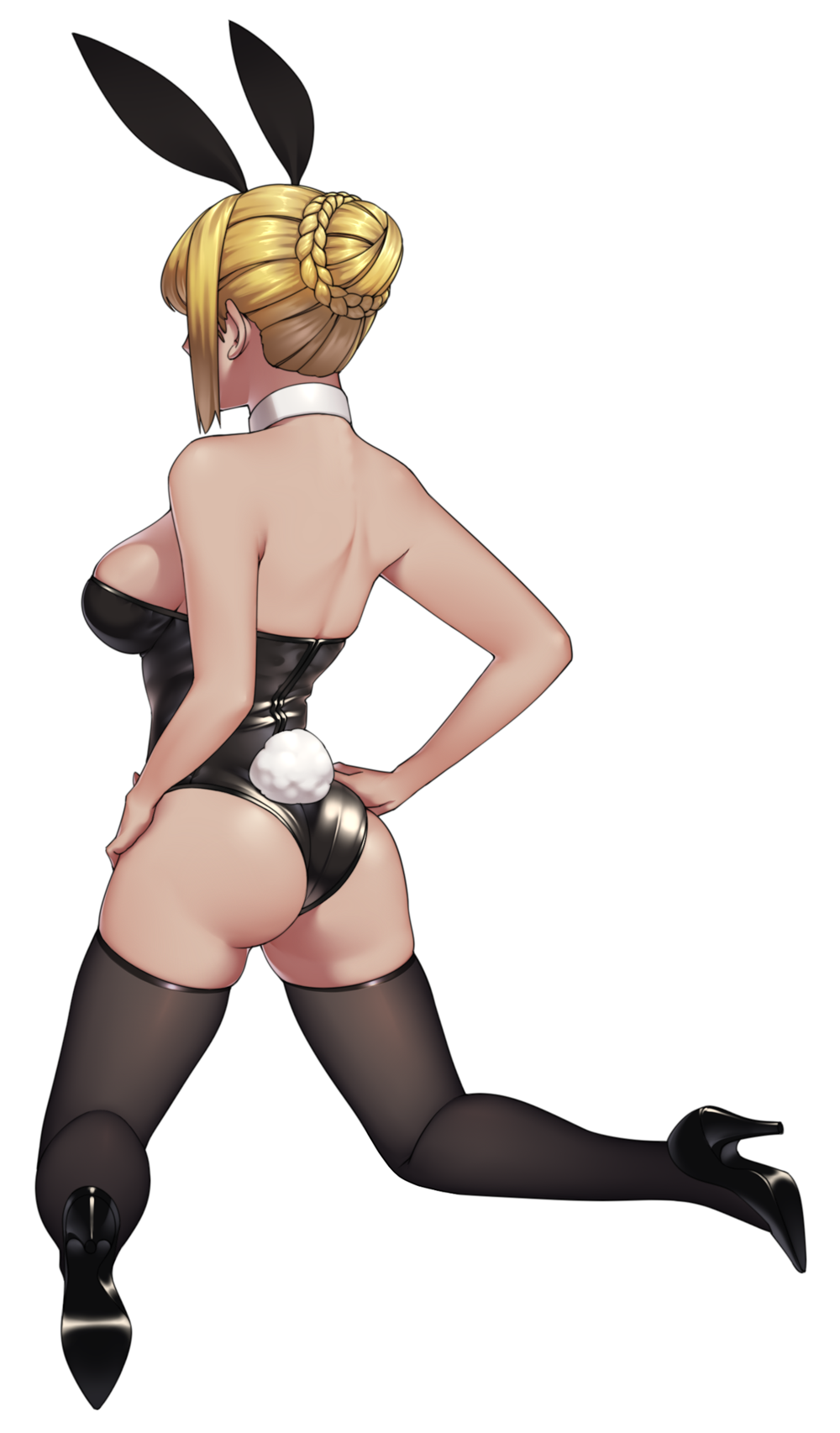 1girl animal_ears ass bare_shoulders black_legwear black_leotard braid breasts bunny_girl bunny_tail bunnysuit detached_collar fake_animal_ears french_braid from_behind hair_bun hands_on_hips high_heels highres kneeling leotard medium_breasts rabbit_ears short_hair sideboob sidelocks simple_background solo strapless strapless_leotard tail thigh-highs white_background yan_wan