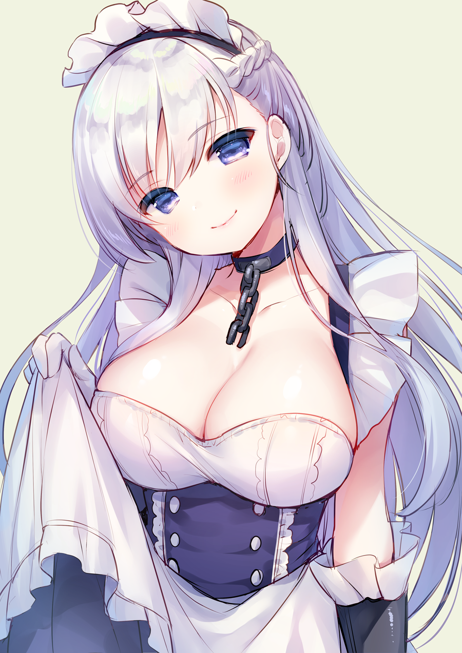 1girl apron apron_hold azur_lane bangs belfast_(azur_lane) blue_dress blush braid breasts broken broken_chain chains cleavage closed_mouth collarbone commentary_request dress elbow_gloves eyebrows_visible_through_hair frilled_apron frills gloves green_background hair_between_eyes head_tilt highres large_breasts long_hair maid_headdress silver_hair simple_background sleeveless sleeveless_dress smile solo usashiro_mani very_long_hair white_apron white_gloves