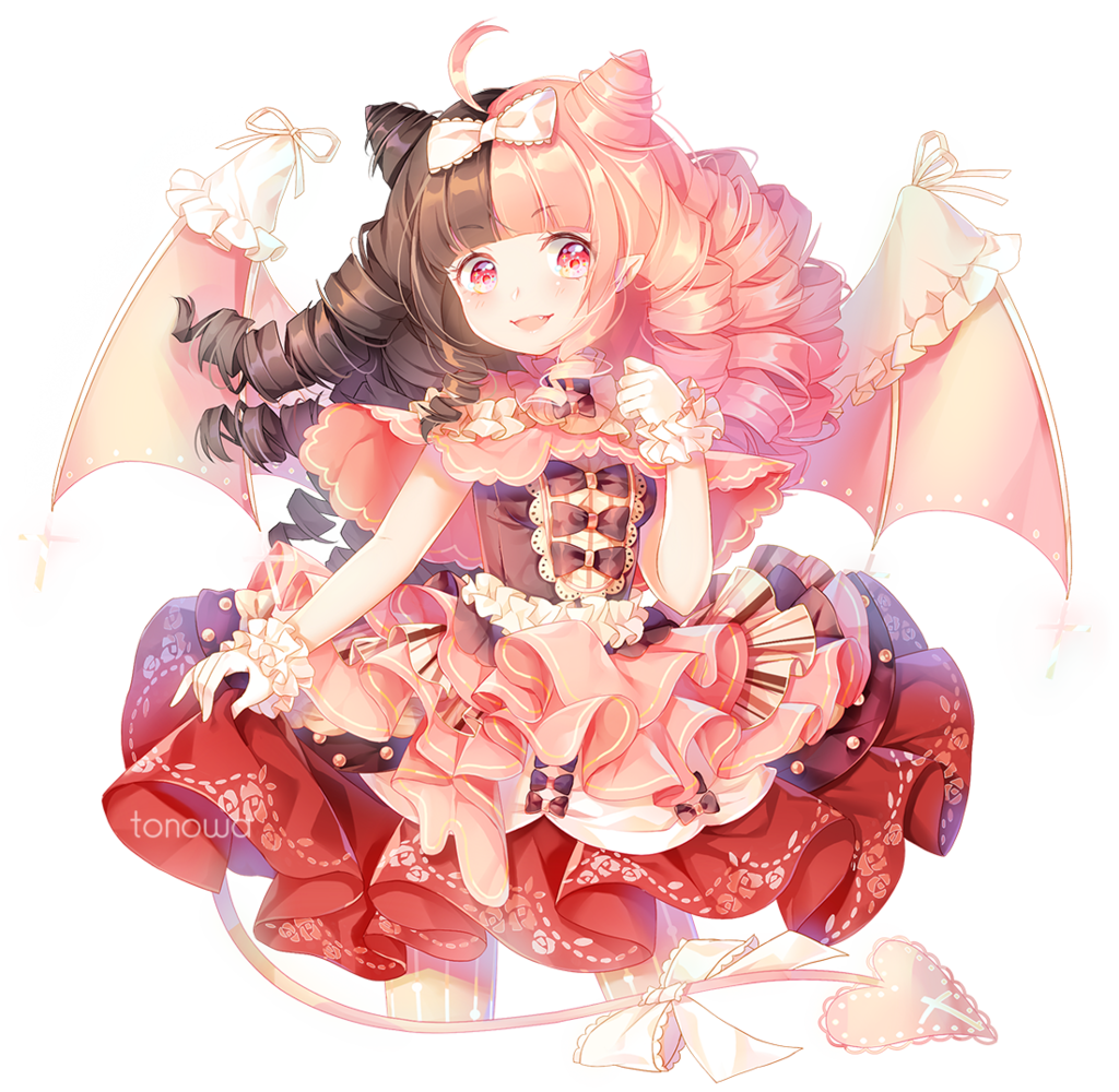 bow brown_hair cake commission demon_girl demon_tail demon_wings dress drill_hair food frilled_dress frills multicolored_hair original pink_eyes pink_hair tail tonowa wings