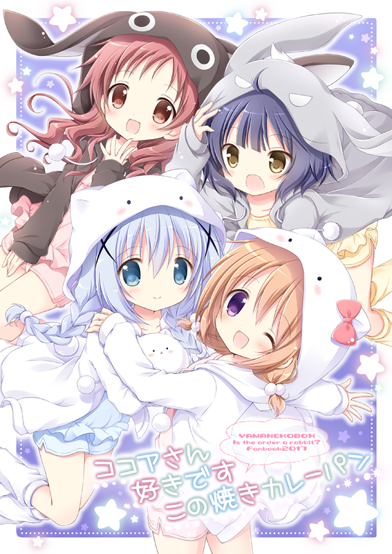 4girls :d ahoge angora_rabbit animal_hood blue_eyes blue_shirt blue_shorts blush boots bow brown_eyes brown_hood bunny_hood cat_hood gochuumon_wa_usagi_desu_ka? hair_ornament hand_on_another's_shoulder hood hoto_cocoa jouga_maya kafuu_chino light_blue_hair long_hair looking_at_viewer looking_back low_twintails multiple_girls nanase_miori natsu_megumi one_eye_closed open_mouth outstretched_arm pink_bow pink_hair pink_shirt pink_shorts purple_background purple_hair rabbit red_eyes redhead shirt short_hair shorts smile star starry_background tippy_(gochiusa) twintails violet_eyes white_footwear white_hood white_legwear x_hair_ornament yellow_footwear yellow_legwear yellow_shirt yellow_shorts