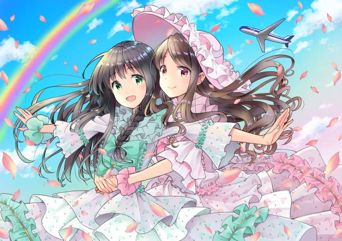 2girls :d aircraft airplane black_hair blue_sky braid brown_hair claris_(group) clouds day dress frills green_eyes green_nails hat hug hug_from_behind long_hair looking_at_viewer multiple_girls nail_polish open_mouth pechikaharine petals pink_hat rainbow scrunchie sky smile standing white_dress wrist_scrunchie
