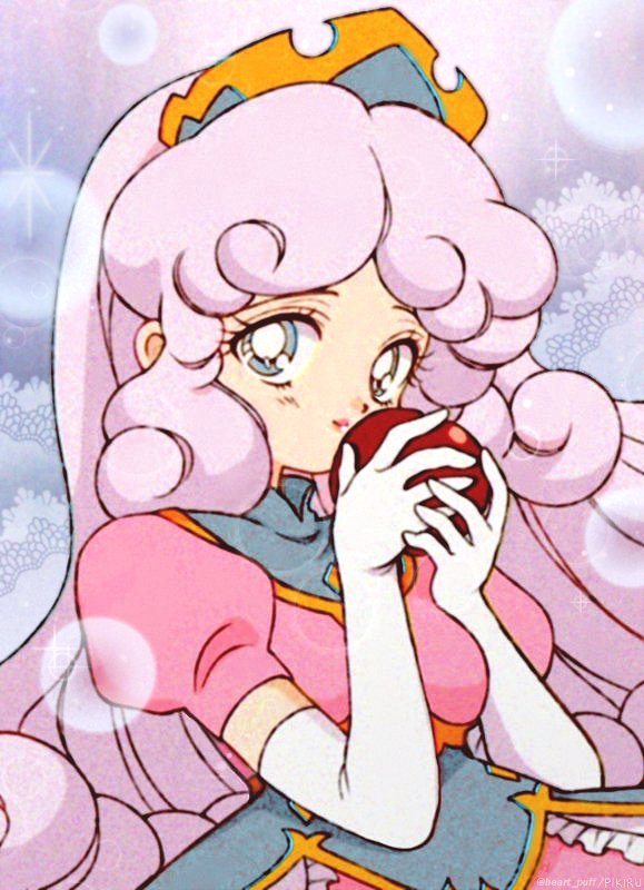 1girl 90s apple bangs bishoujo_senshi_sailor_moon blue_eyes blush breasts closed_mouth commentary crown curly_hair dot_nose dress english_commentary eyelashes eyes fake_screenshot food frilled_dress frills fruit gold_trim hands_up high_collar holding holding_fruit lace_background lavender_background light_particles long_hair looking_at_viewer medium_breasts murid_(sailor_moon) parody parted_bangs pikiru pink_dress pink_hair pink_lips puffy_short_sleeves puffy_sleeves raised_eyebrows red_apple short_sleeves sidelocks simple_background solo sparkle standing style_parody takeuchi_naoko_(style) upper_body very_long_hair vhs_artifacts white_pupils