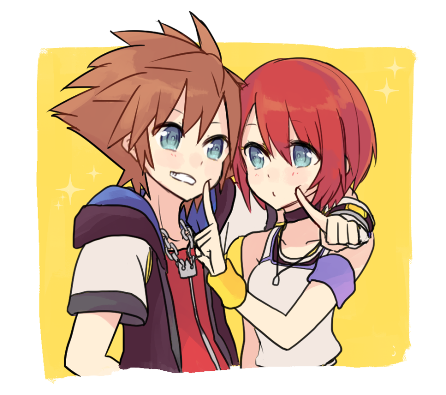 1boy 1girl blue_eyes breasts brown_hair gloves hood hoodie jewelry jyaco7777 kairi_(kingdom_hearts) kingdom_hearts kingdom_hearts_i necklace redhead short_hair small_breasts smile sora_(kingdom_hearts) spiky_hair